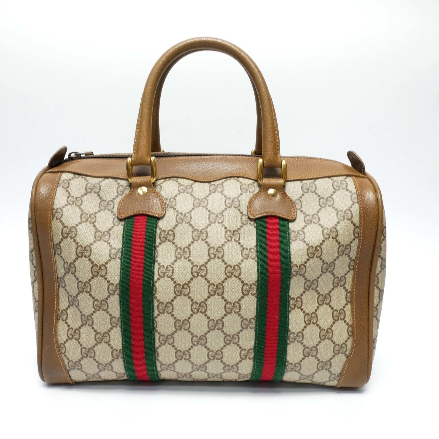 GUCCI Old Gucci Vintage Mini Boston Bag Handbag Barrel Unisex 1970's 70'S Sherry Line GG Pattern/Leather Gold Hardware Brown/Beige
