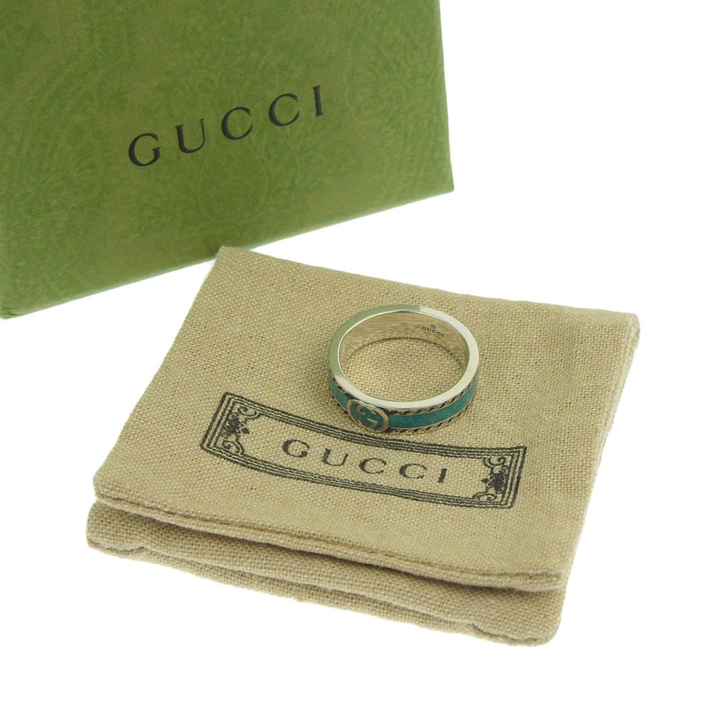 Gucci interlocking G turquoise enamel textured trim ring SV925 # 23 22