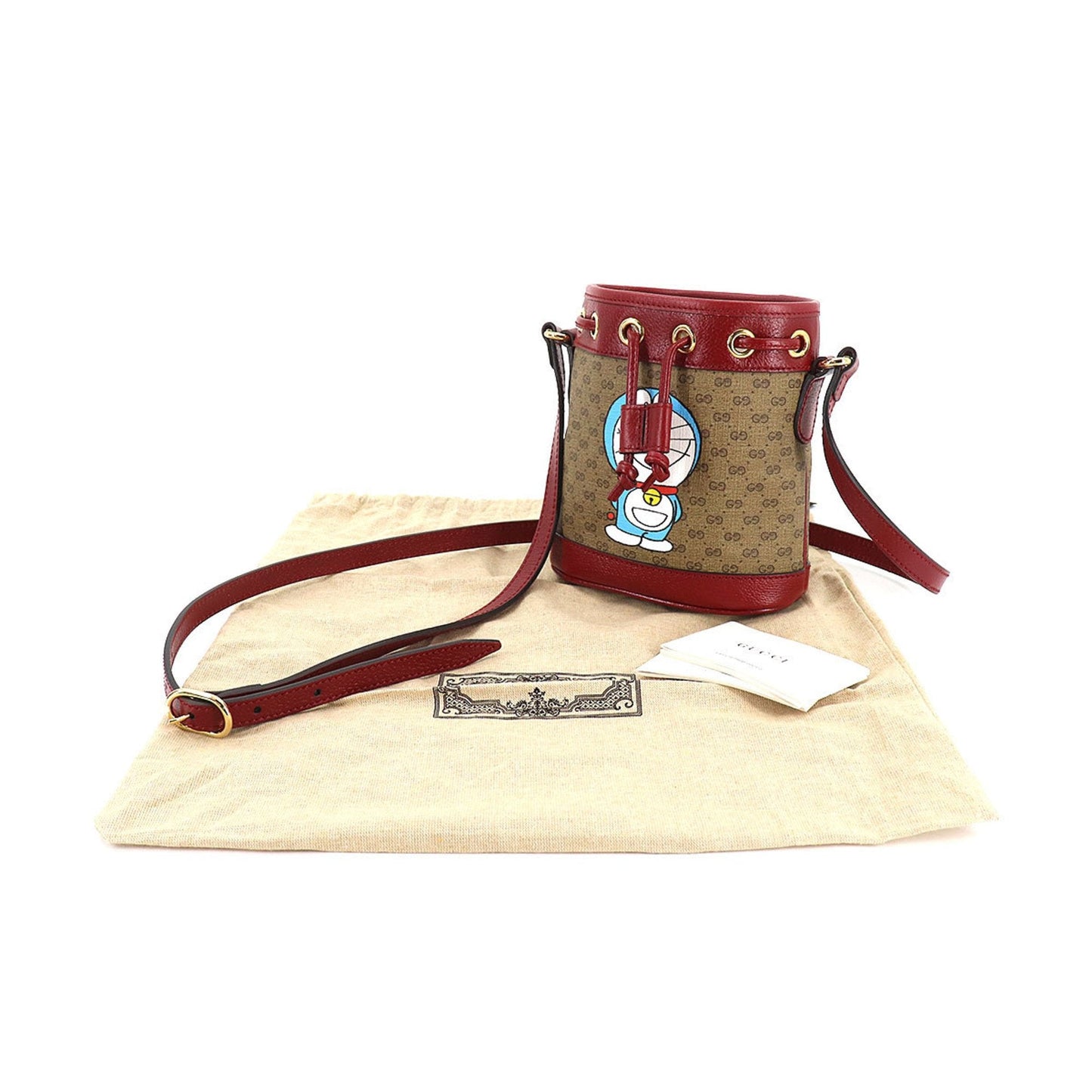 Gucci Doraemon Mini GG Supreme Bucket Bag Shoulder Brown Cherry Red 647801