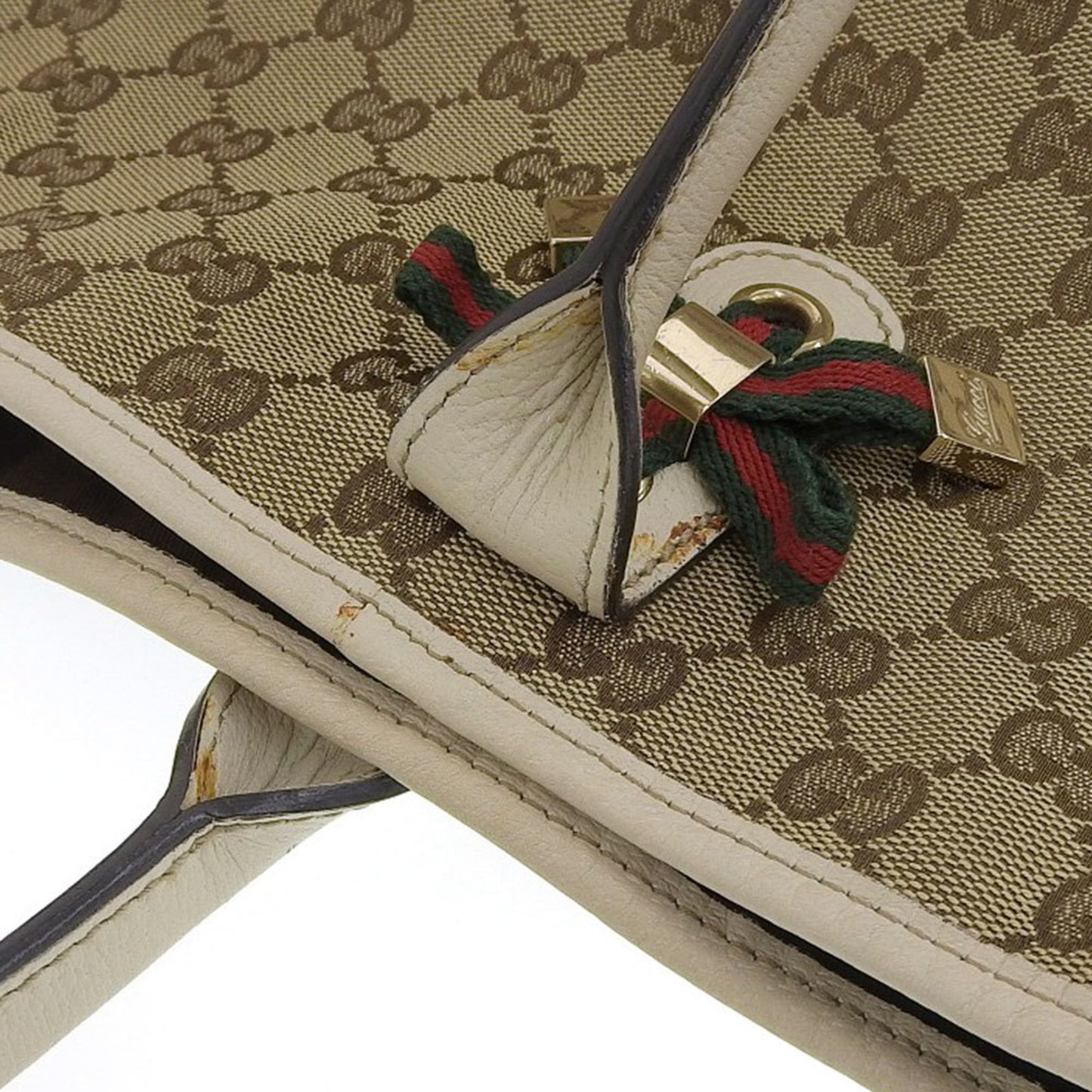 Gucci GG Canvas Princie Tote Bag Handbag Sherry Line Ribbon Leather Brown x Beige 161719 204046