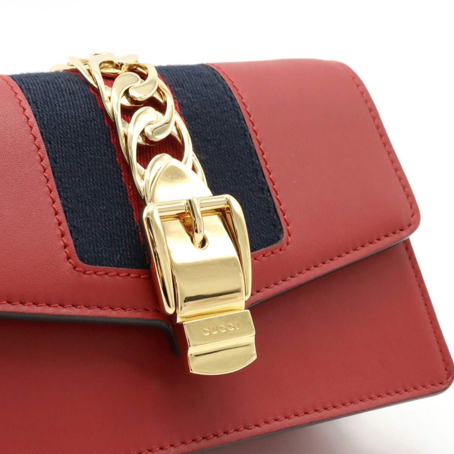 GUCCI Sylvie Webline Chain Shoulder Bag Pochette Clutch Leather Red 494646