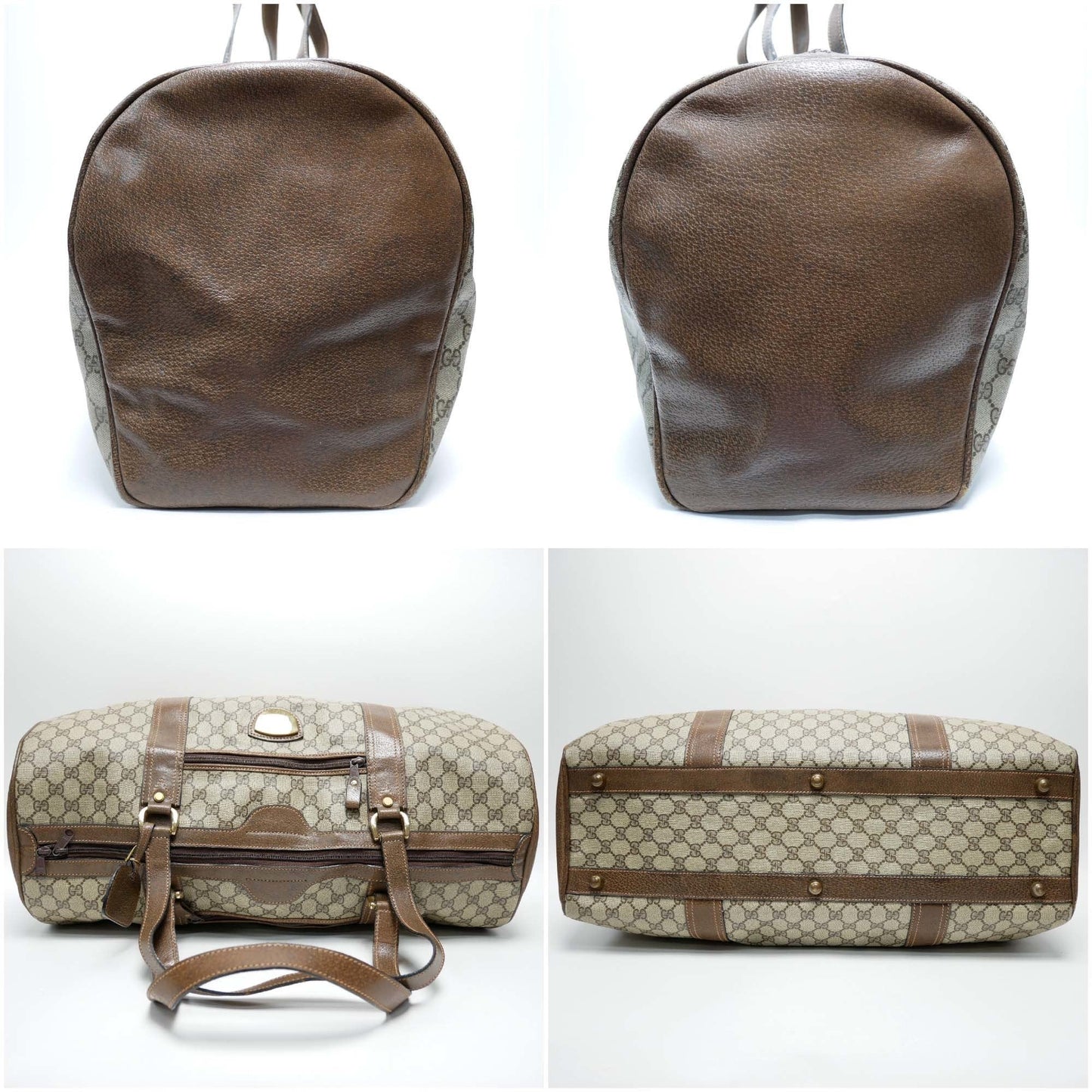 GUCCI Old Gucci Vintage Travel Bag Boston Unisex 1970's 70'S GG Pattern / Pigskin Gold Hardware Brown Beige