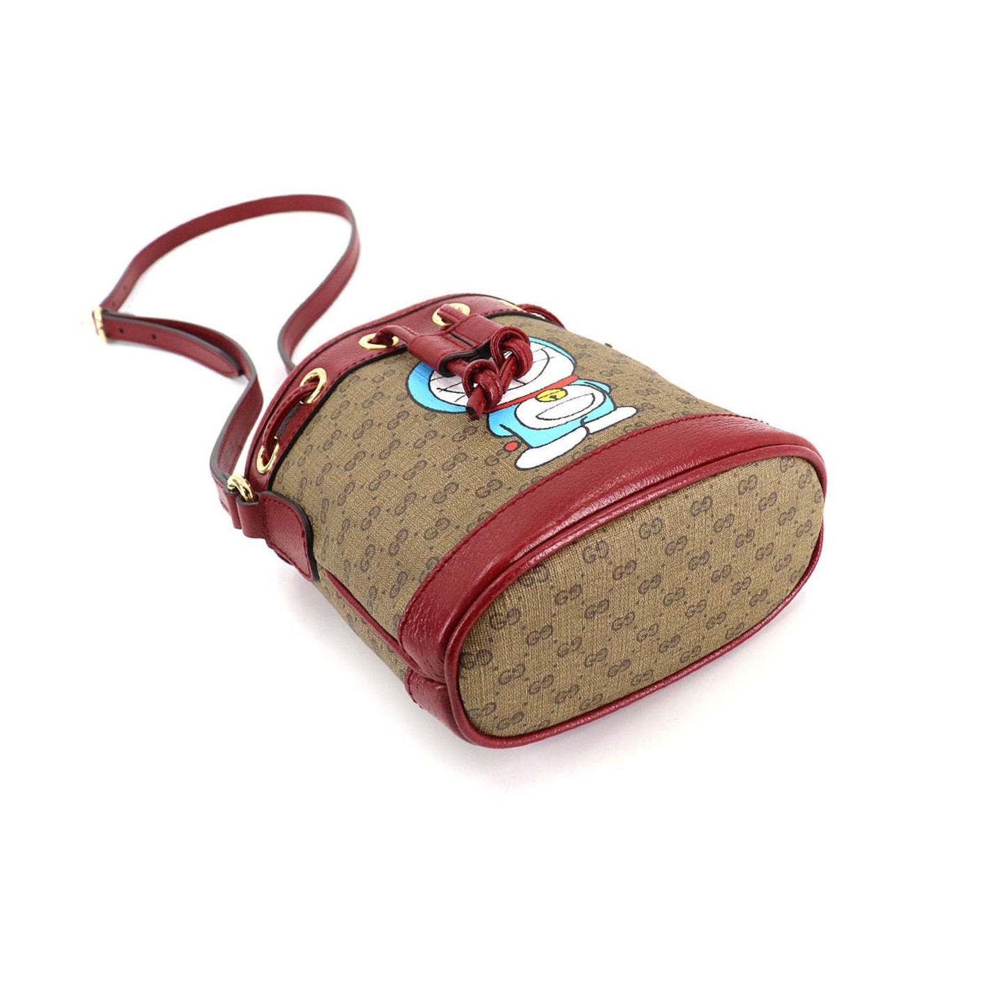Gucci Doraemon Mini GG Supreme Bucket Bag Shoulder Brown Cherry Red 647801