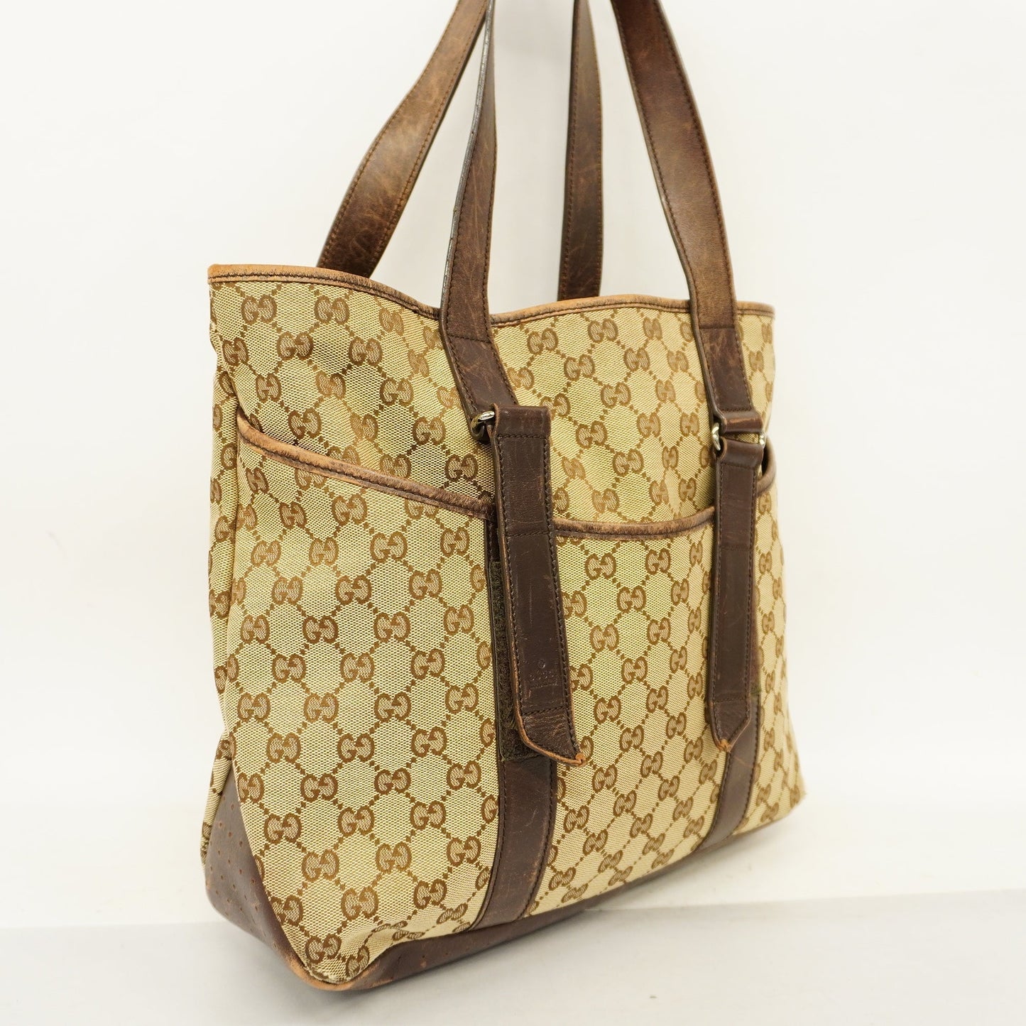 GUCCI  GG Canvas 002-1073 Women's Leather Tote Bag Beige,Brown