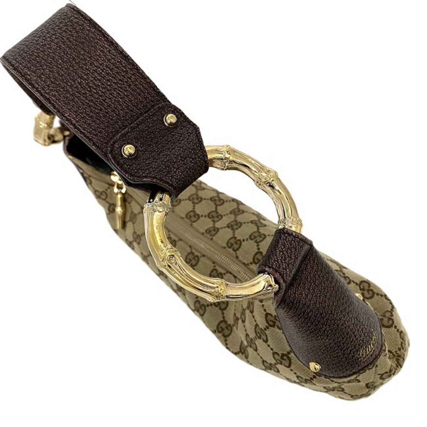 Gucci One Shoulder Bag Beige Purple Gold GG 131038 Bamboo Canvas Leather GUCCI Handbag Metallic Motif Dark