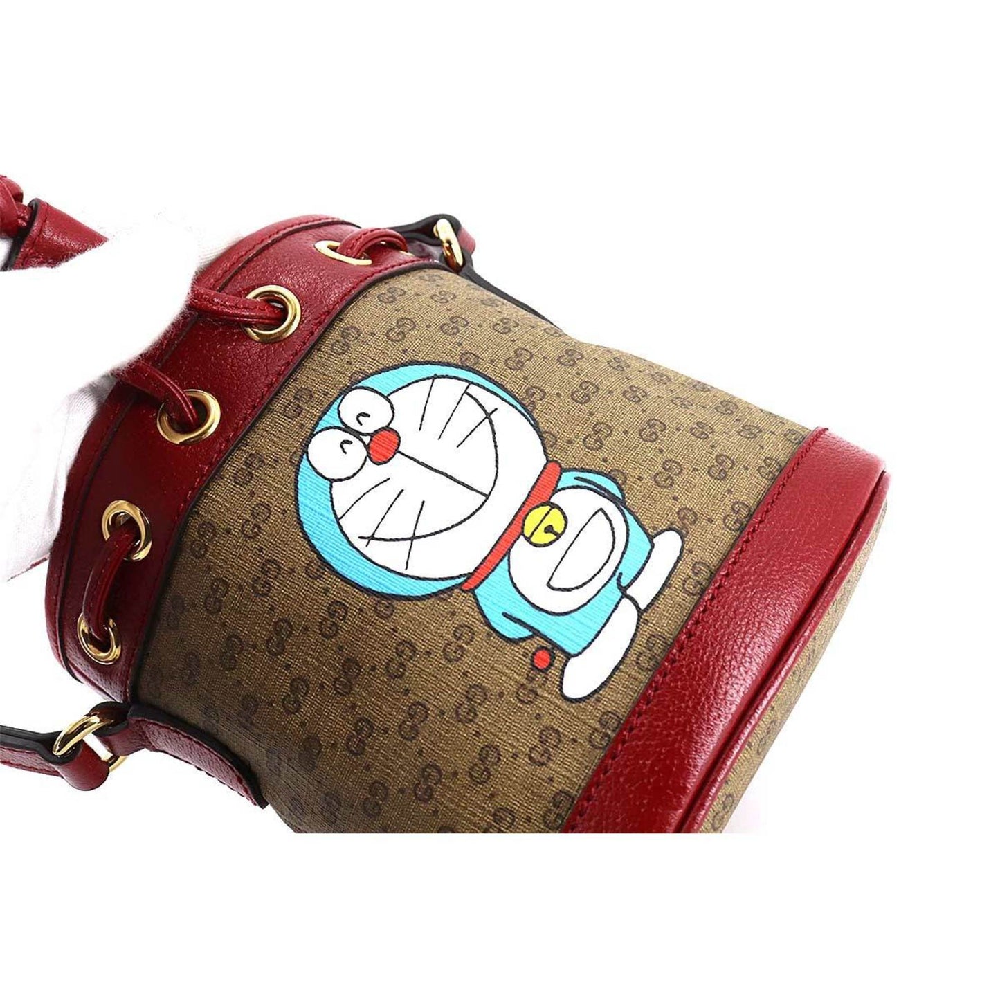 Gucci Doraemon Mini GG Supreme Bucket Bag Shoulder Brown Cherry Red 647801