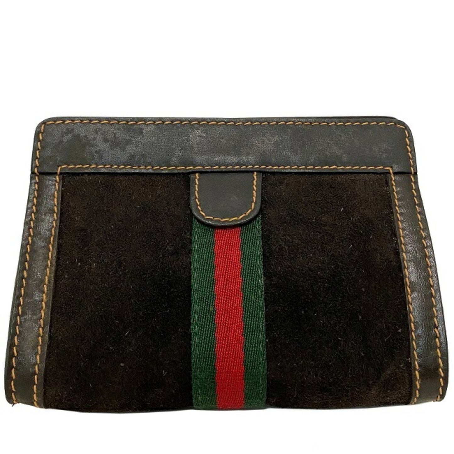 Gucci Perfume Pouch Brown Green Red Shelly 506 Leather Suede GUCCI PARFUMS Magic Tape Clutch Stripe Ladies