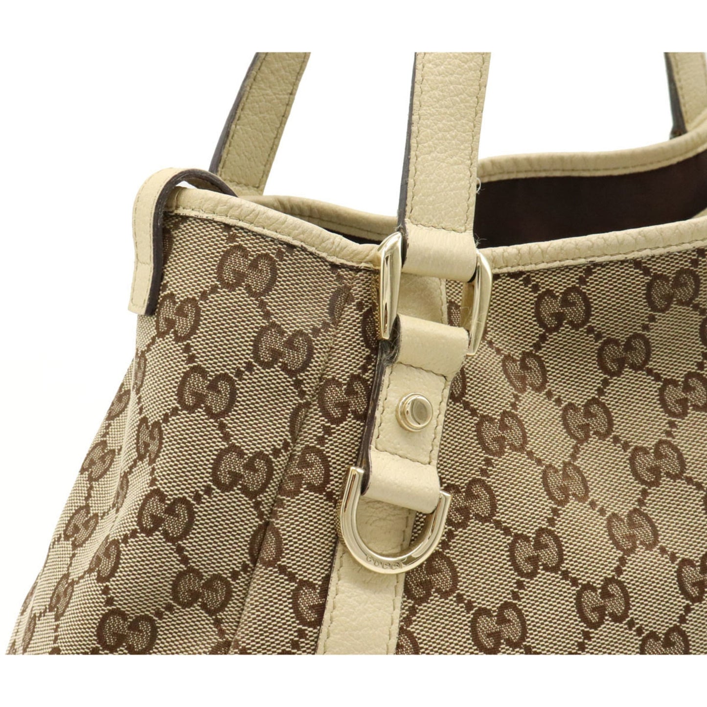 Gucci GG Canvas Tote Bag Shoulder Leather Khaki Beige Light 130736