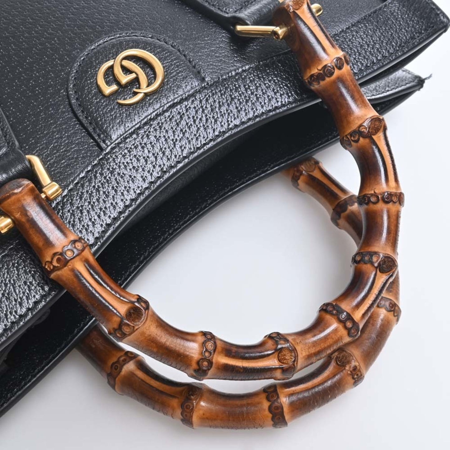 GUCCI Bamboo Leather Diana Double G 2WAY Handbag 702721 Black Ladies