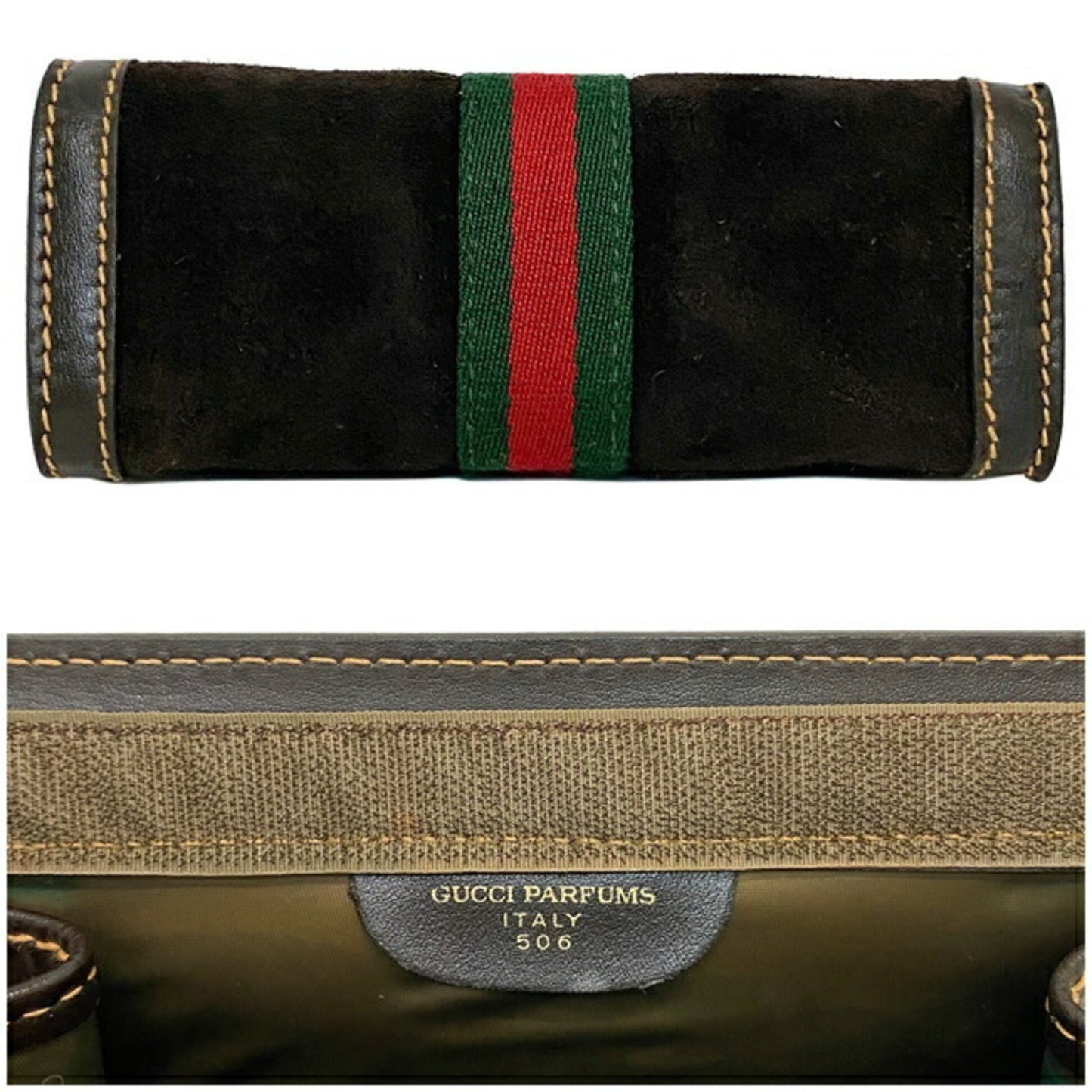 Gucci Perfume Pouch Brown Green Red Shelly 506 Leather Suede GUCCI PARFUMS Magic Tape Clutch Stripe Ladies
