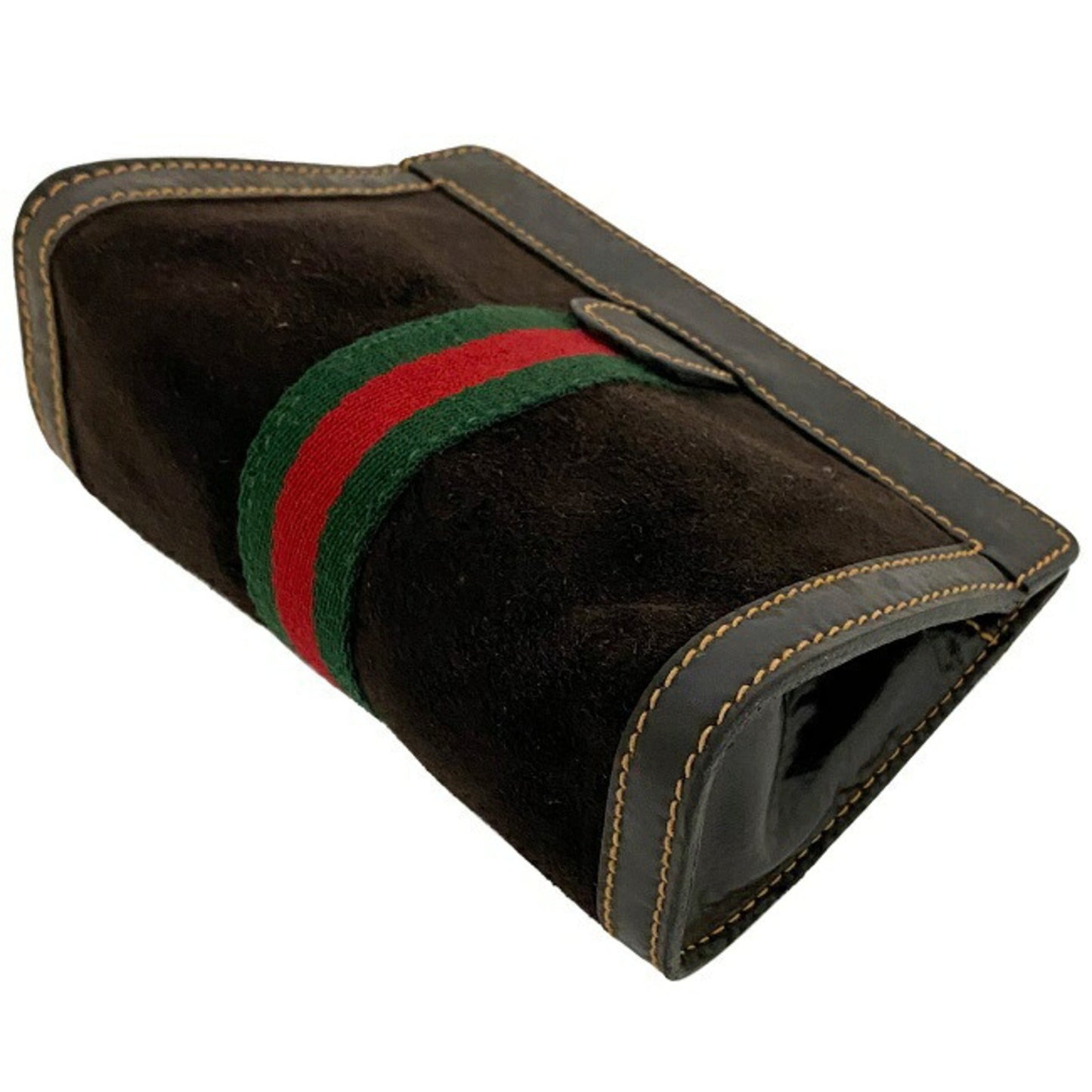 Gucci Perfume Pouch Brown Green Red Shelly 506 Leather Suede GUCCI PARFUMS Magic Tape Clutch Stripe Ladies