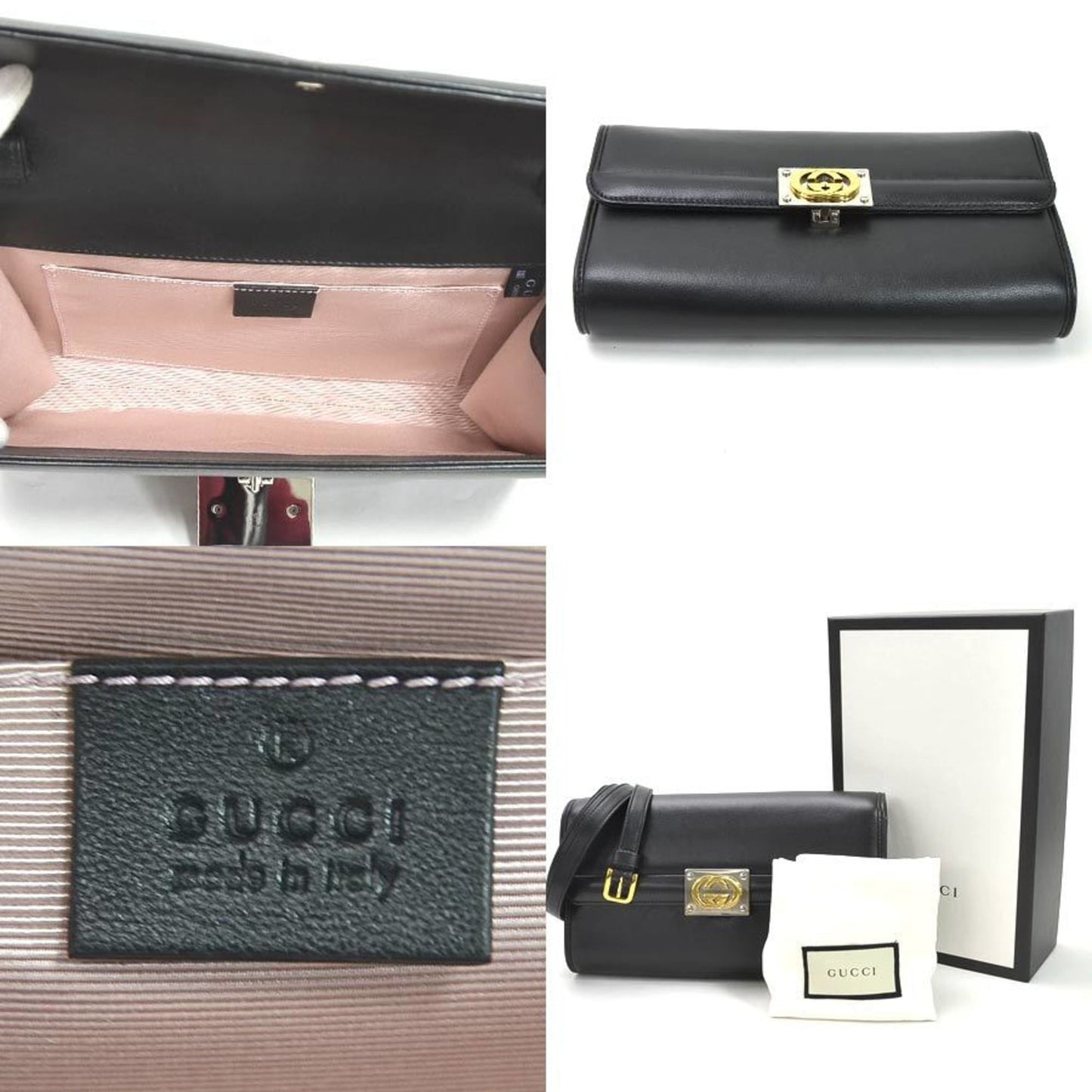 Gucci Shoulder Bag Clutch 2Way Interlocking G Black Leather GUCCI Women's 628521