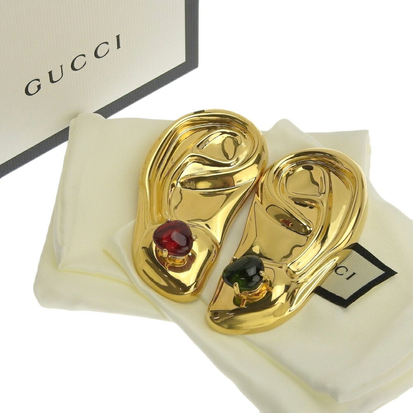 Gucci brooch color stone red green gold ear motif cabochon