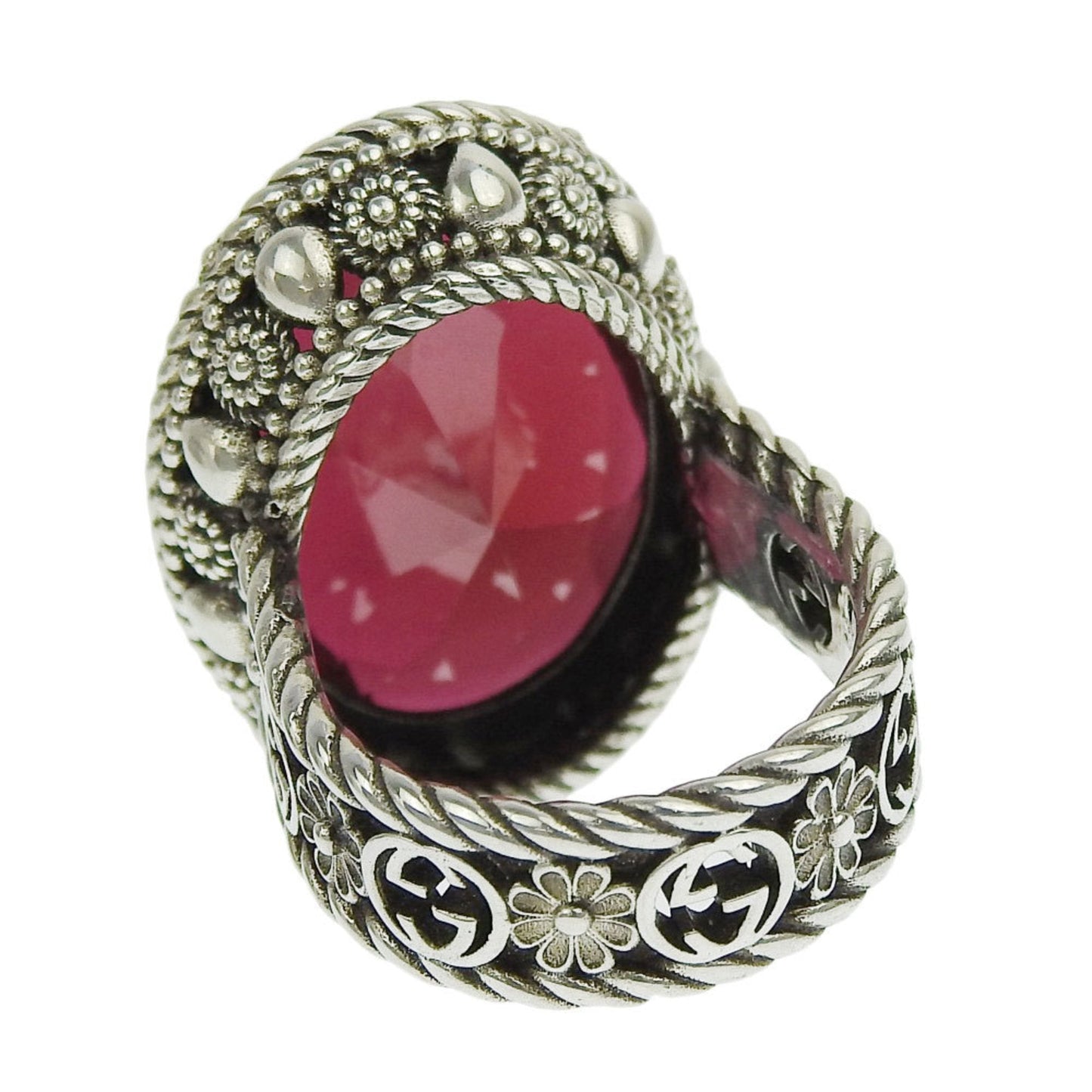 Gucci Interlocking G Flower Ring SV925 Color Stone Red #16 No. 13