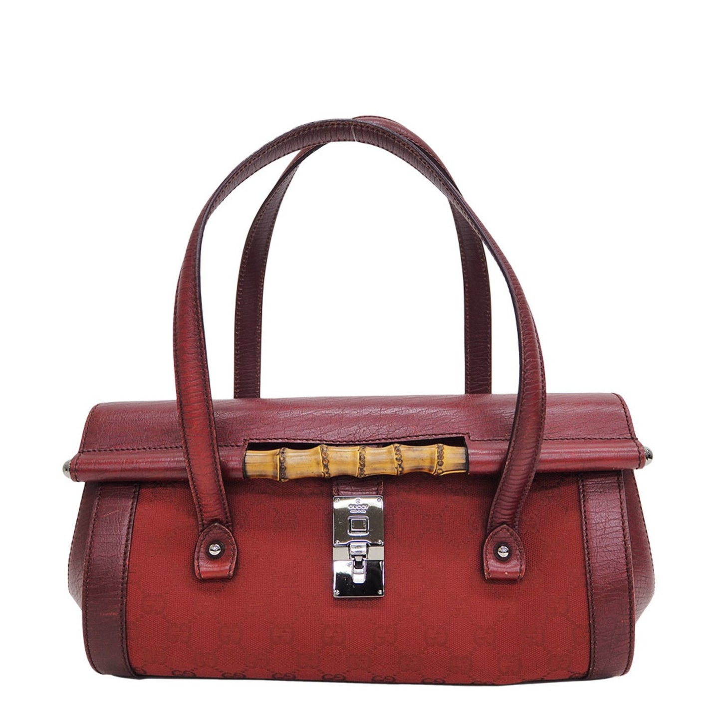 Gucci 111713 GG canvas bamboo handBag red tubular shoulder