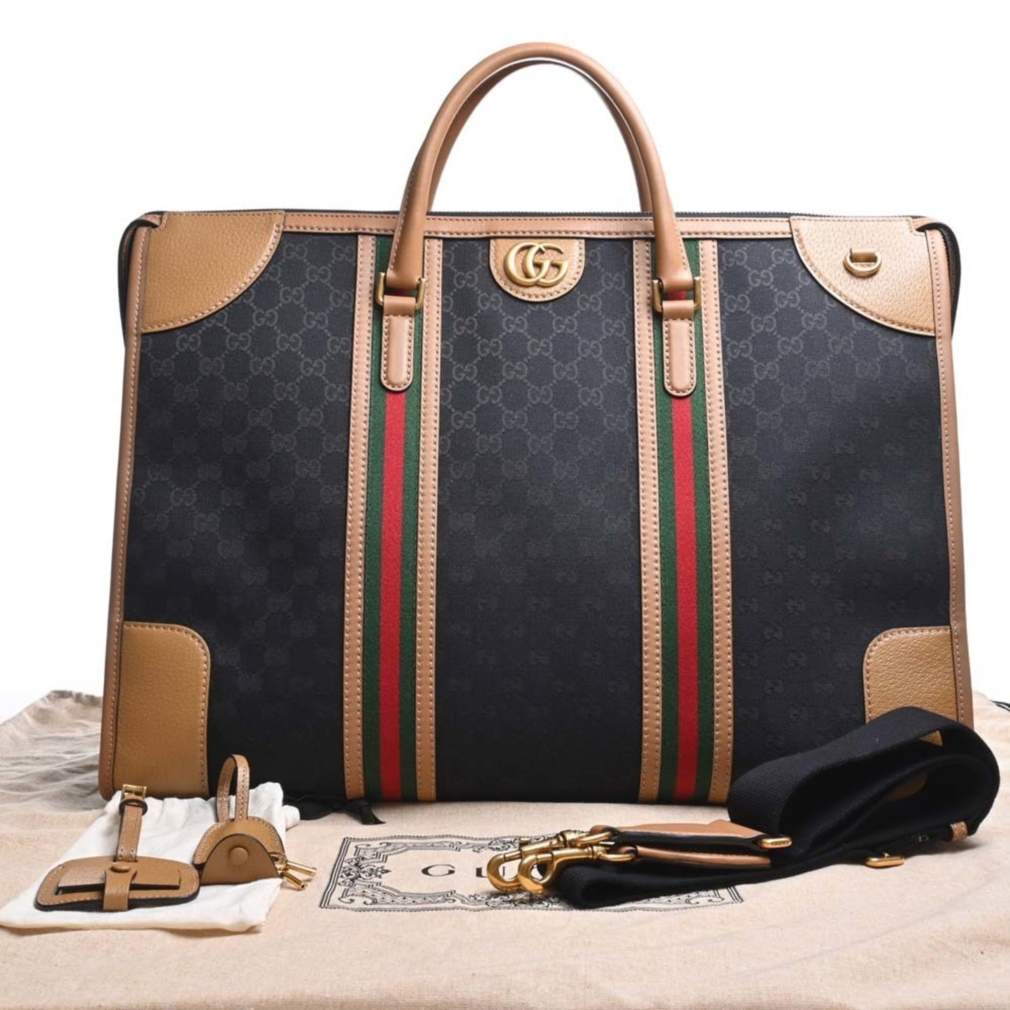 GUCCI GG Canvas Leather Extra Large Duffle Double G 2WAY Handbag Boston Bag 715773 Black/Brown Ladies