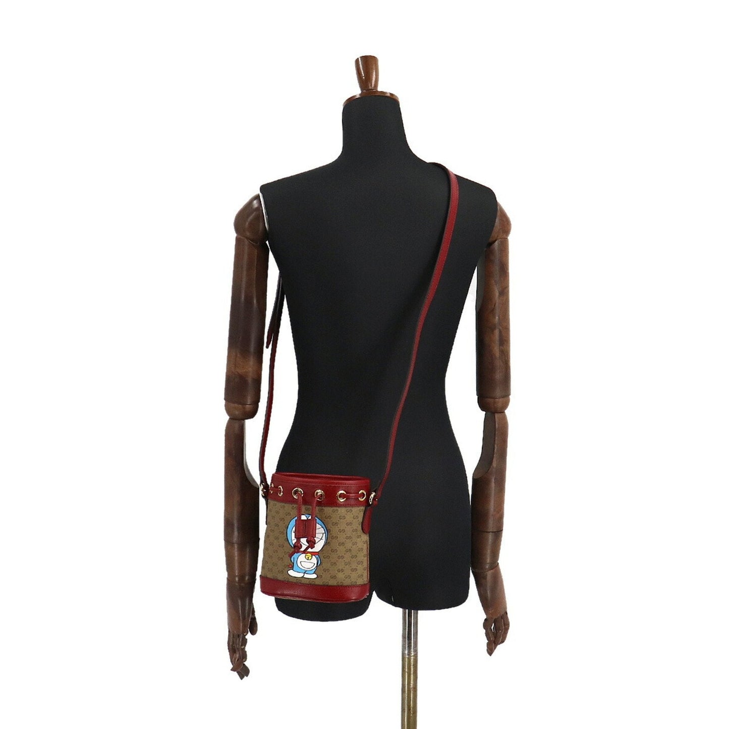 Gucci Doraemon Mini GG Supreme Bucket Bag Shoulder Brown Cherry Red 647801