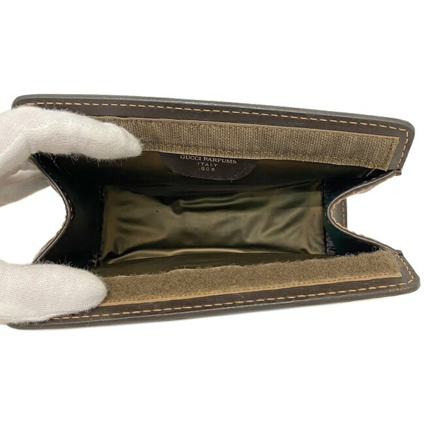 Gucci Perfume Pouch Brown Green Red Shelly 506 Leather Suede GUCCI PARFUMS Magic Tape Clutch Stripe Ladies