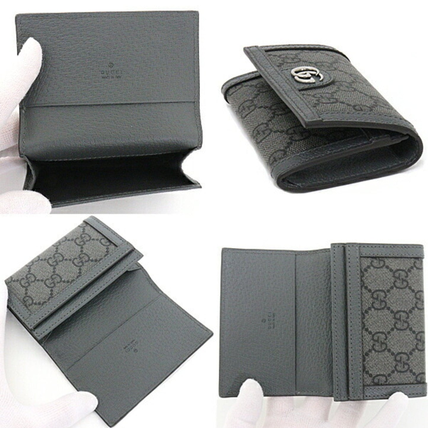 Gucci Ophidia Card Case Holder Business Pass GG Supreme Canvas Leather Palladium Tone Double G Hardware 732025 Gray Black