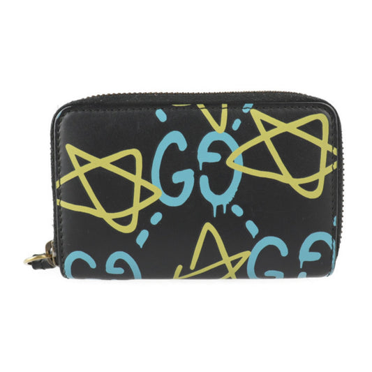 Gucci ghost coin case 448465 leather black light blue yellow gold metal fittings round fastener purse