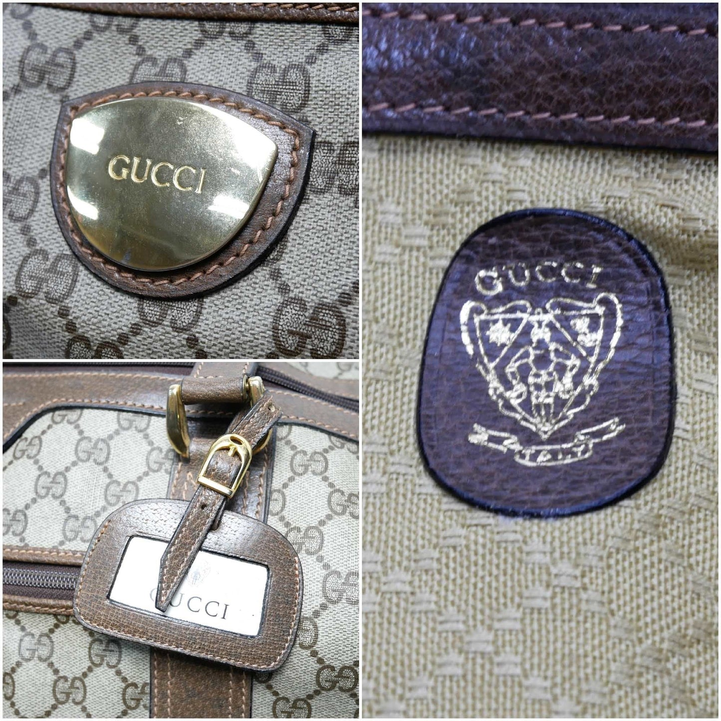 GUCCI Old Gucci Vintage Travel Bag Boston Unisex 1970's 70'S GG Pattern / Pigskin Gold Hardware Brown Beige