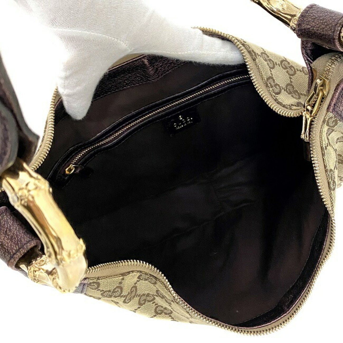 Gucci One Shoulder Bag Beige Purple Gold GG 131038 Bamboo Canvas Leather GUCCI Handbag Metallic Motif Dark