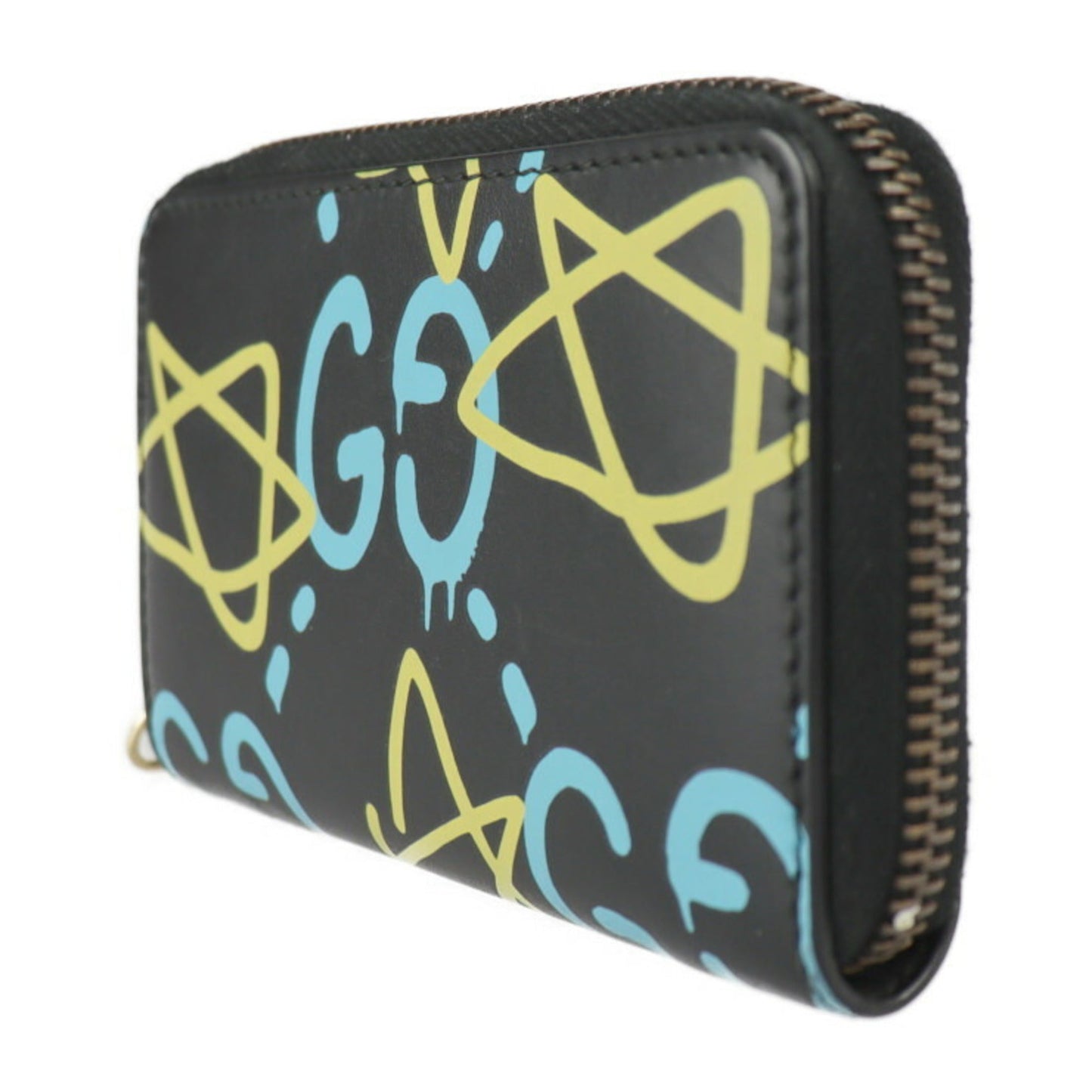 Gucci ghost coin case 448465 leather black light blue yellow gold metal fittings round fastener purse