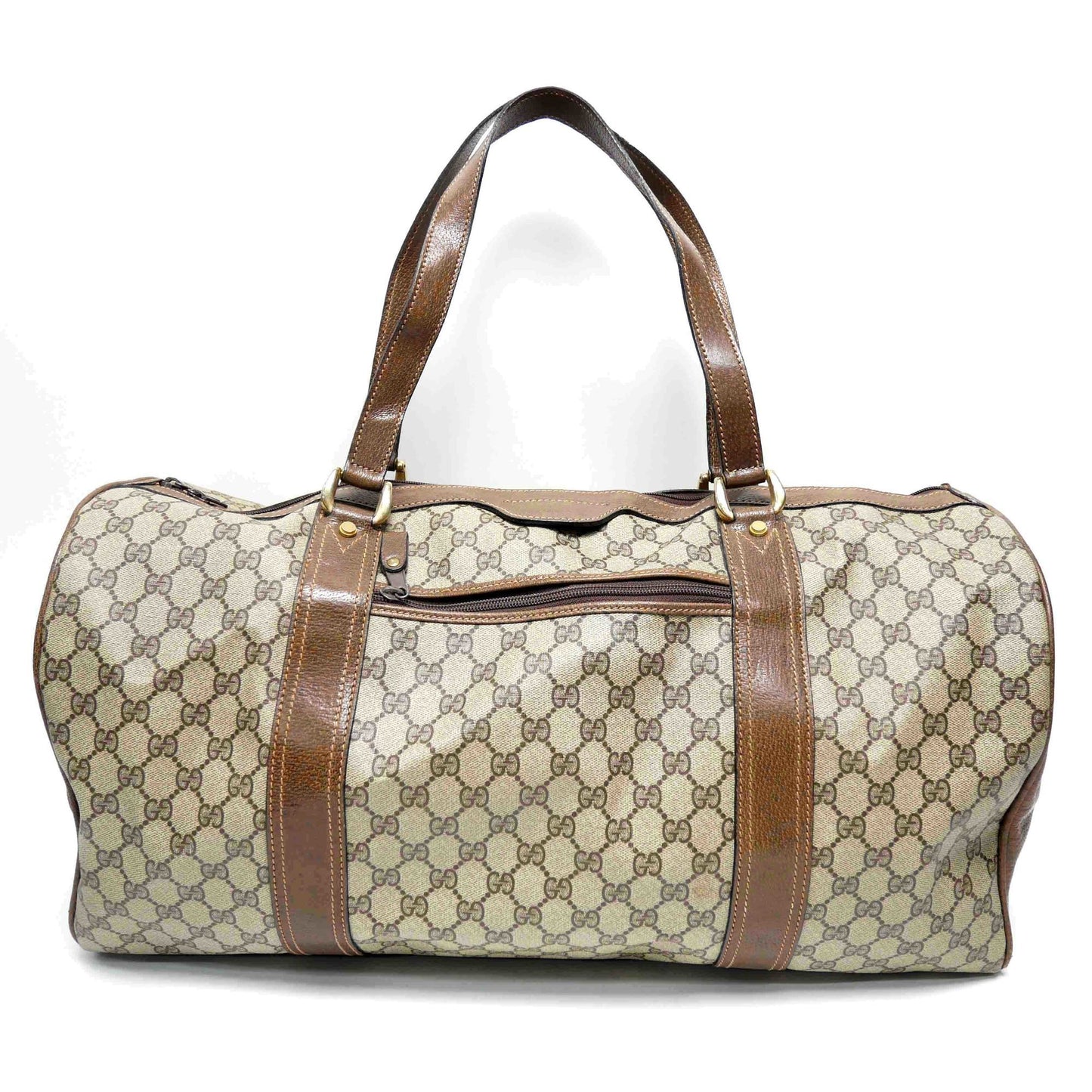 GUCCI Old Gucci Vintage Travel Bag Boston Unisex 1970's 70'S GG Pattern / Pigskin Gold Hardware Brown Beige