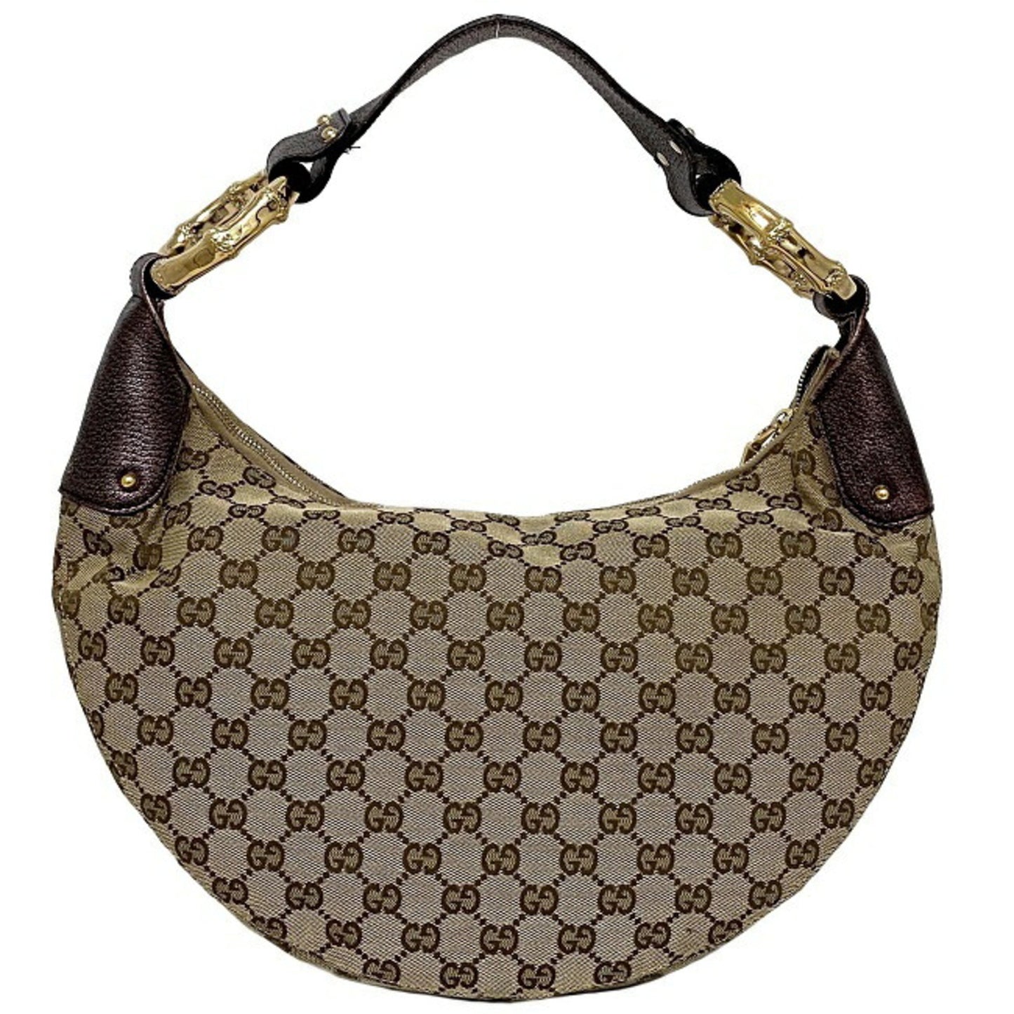 Gucci One Shoulder Bag Beige Purple Gold GG 131038 Bamboo Canvas Leather GUCCI Handbag Metallic Motif Dark