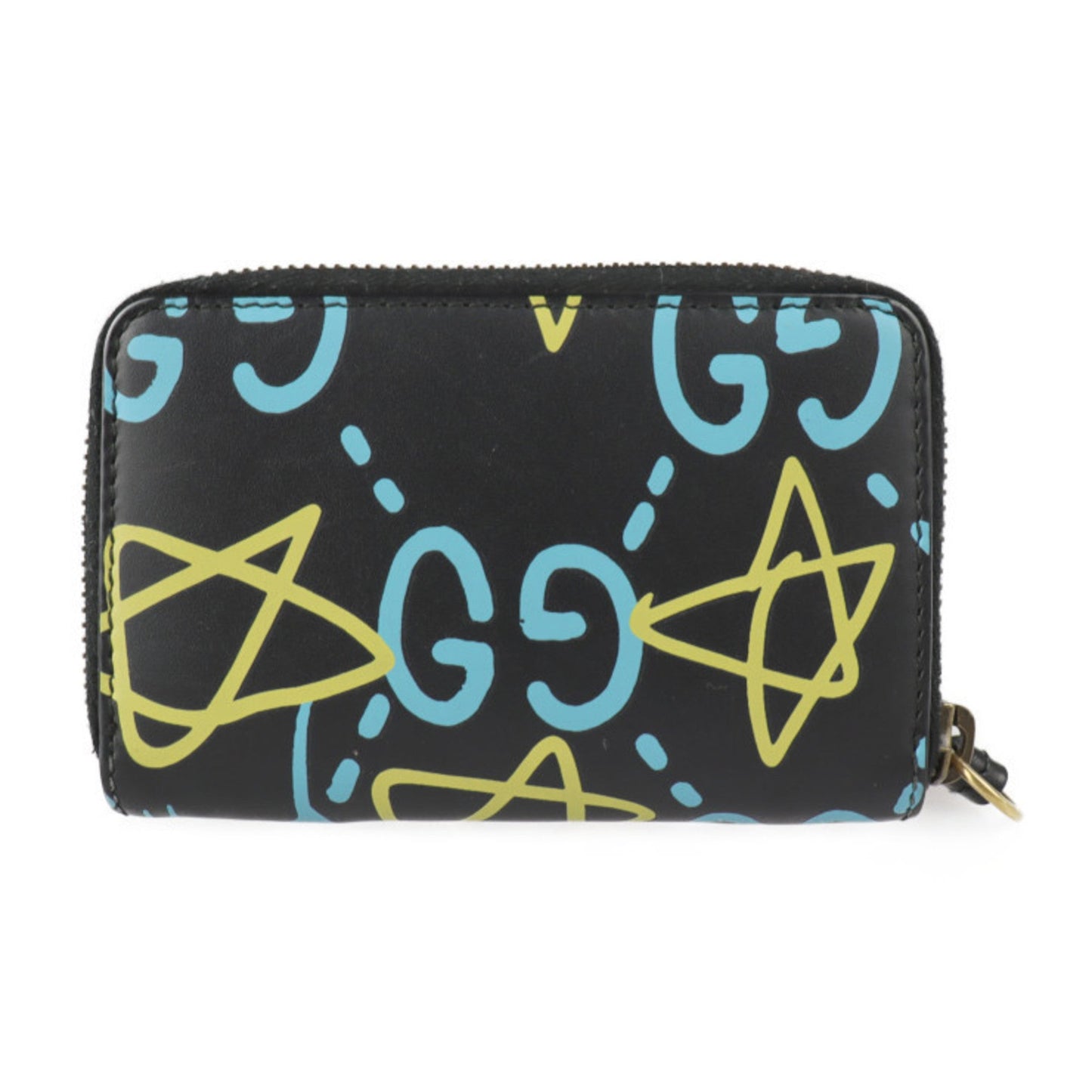 Gucci ghost coin case 448465 leather black light blue yellow gold metal fittings round fastener purse