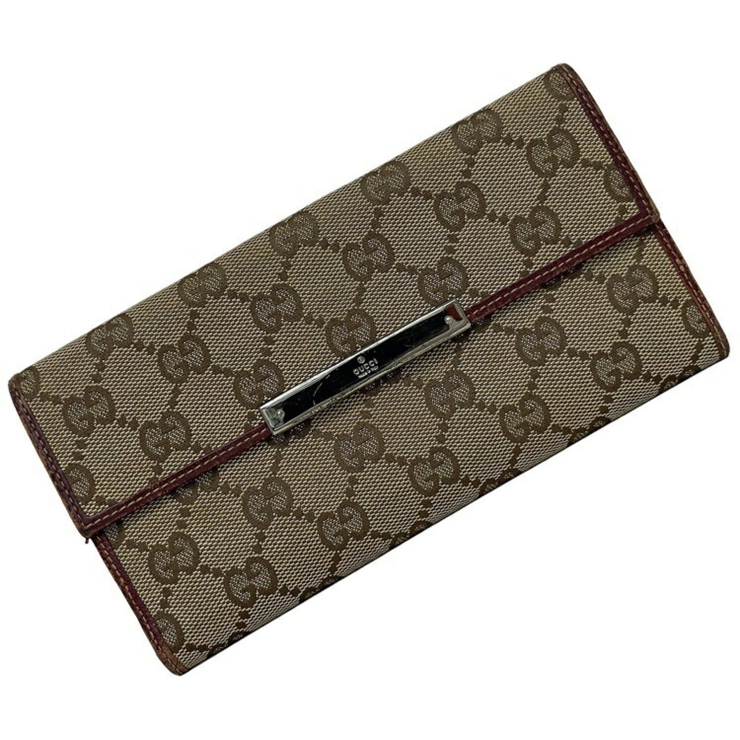Gucci Bi-Fold Wallet Beige Wine Red 112715 GG Canvas Leather GUCCI W Ladies Long Plate