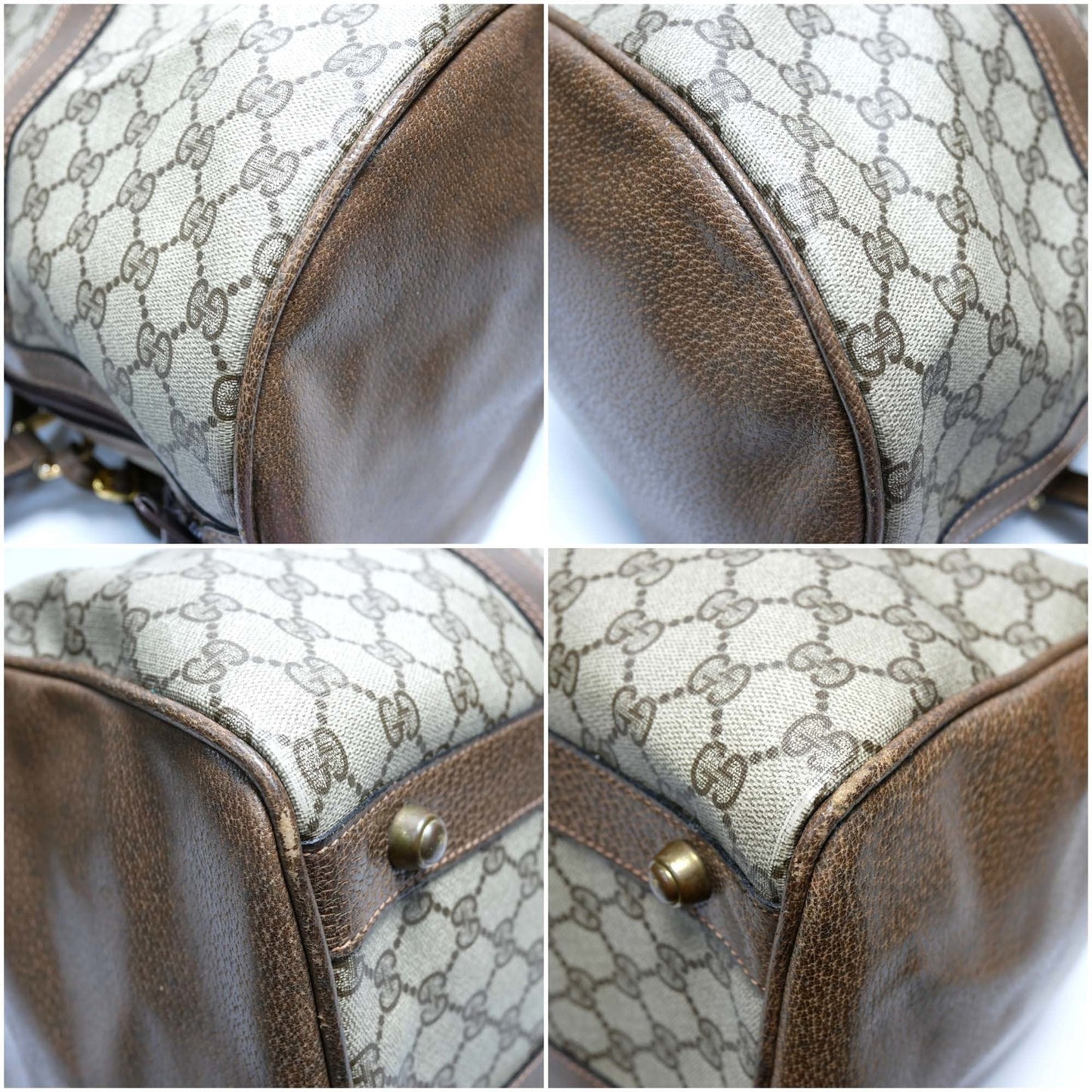 GUCCI Old Gucci Vintage Travel Bag Boston Unisex 1970's 70'S GG Pattern / Pigskin Gold Hardware Brown Beige