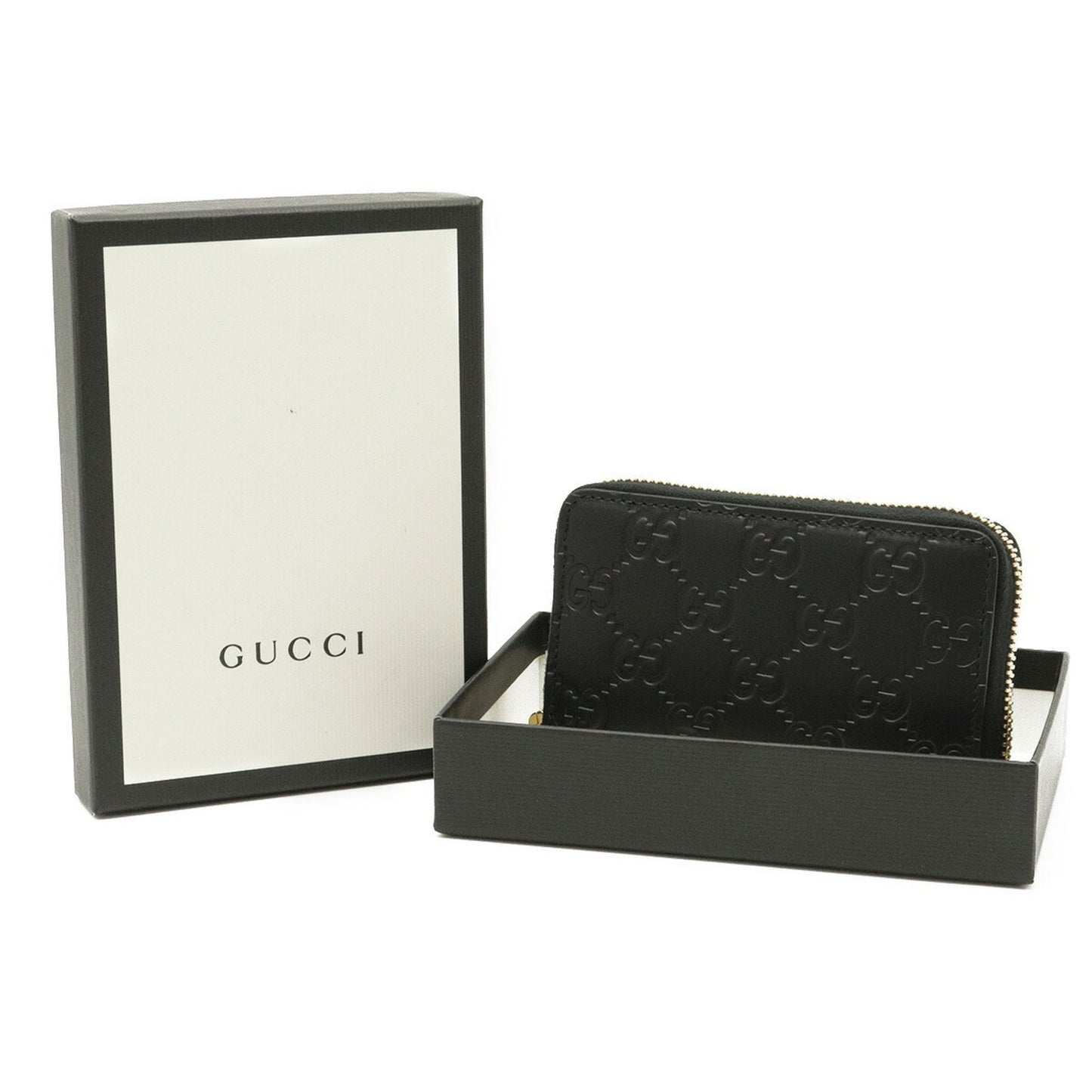 Gucci Shima Signature Round Coin Case Purse Card Leather Black 447939