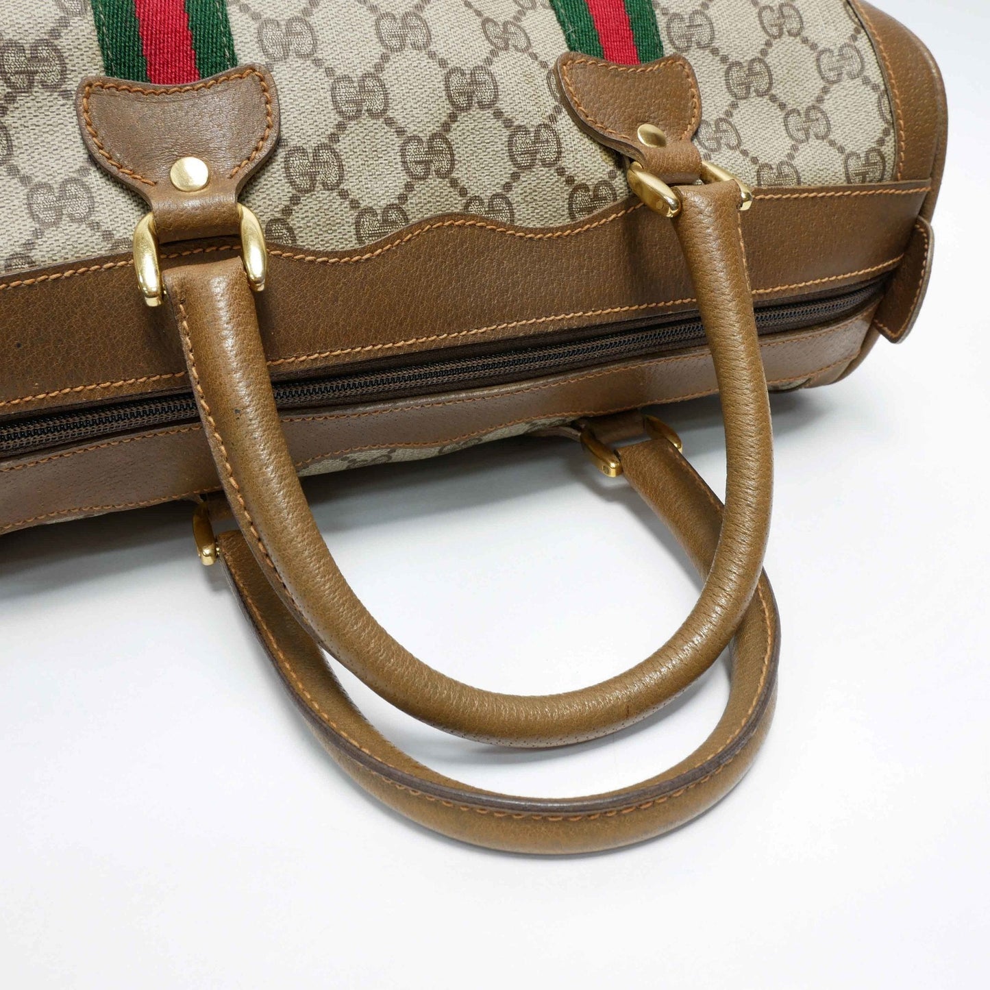 GUCCI Old Gucci Vintage Mini Boston Bag Handbag Barrel Unisex 1970's 70'S Sherry Line GG Pattern/Leather Gold Hardware Brown/Beige