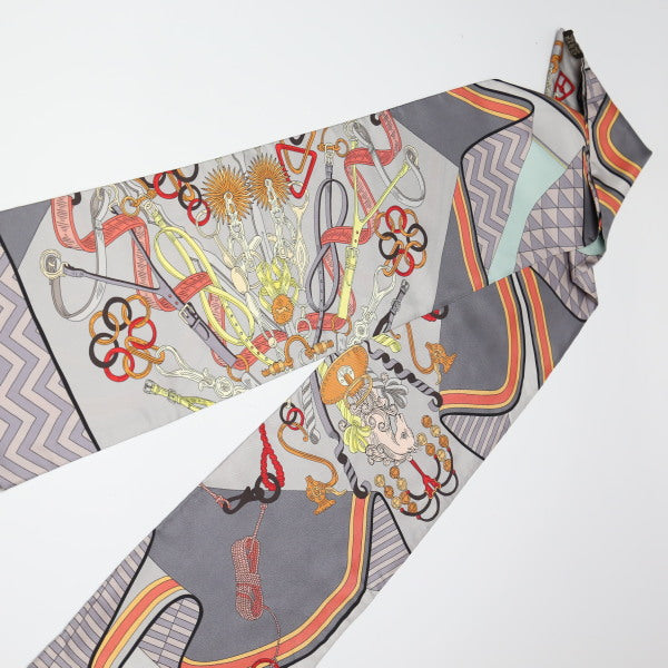 HERMES scarf silk gray cravat type silk Carre90 equestrian harness Women Used