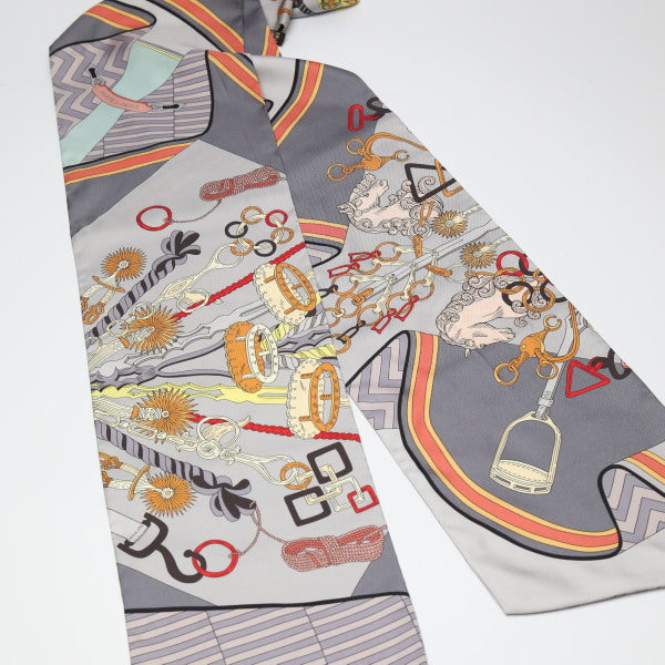 HERMES scarf silk gray cravat type silk Carre90 equestrian harness Women Used