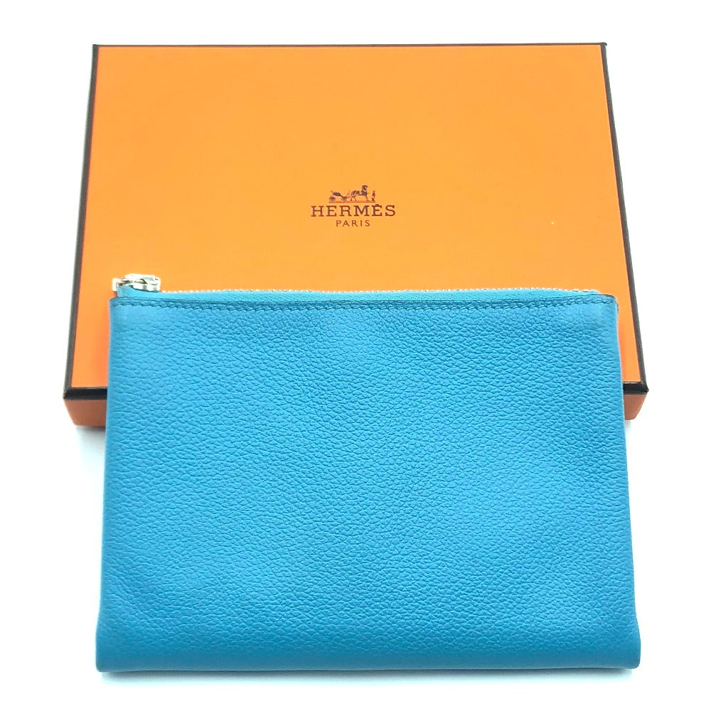 HERMES Pouch leather blue flat Atou PM