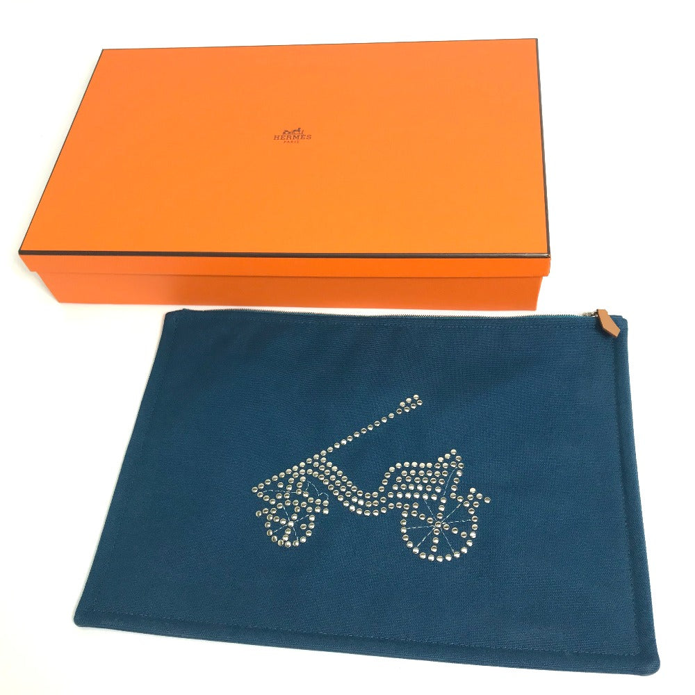 HERMES Pouch canvas Blue type bicycle studs velocipedist unisex(Unisex) Used