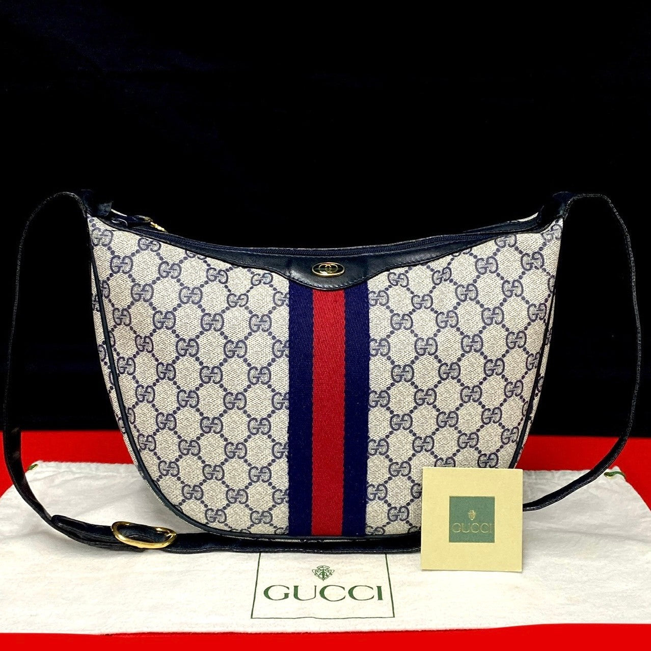 GUCCI Shoulder Bag leather Navy Sherry line