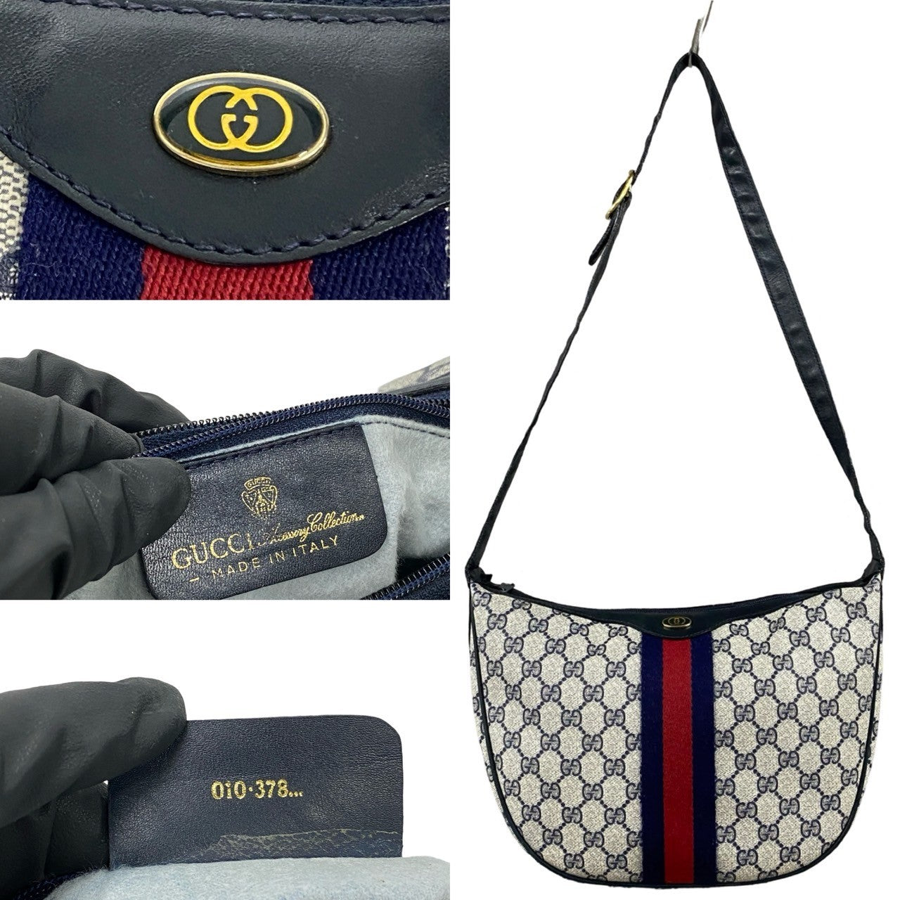 GUCCI Shoulder Bag leather Navy Sherry line