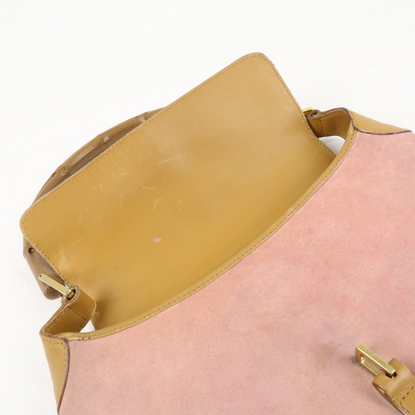 GUCCI Bamboo Suede Leather Shoulder Bag Pink Beige 001.4096.1705