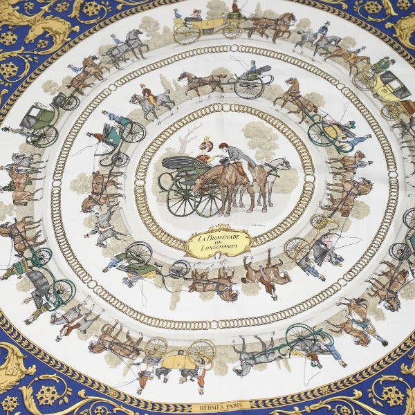 HERMES scarf silk blue La PROMENADE DE LONGCHAMPS Carre90 Carre90 Women Used
