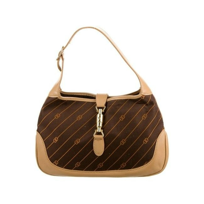 Gucci Diagonal Logo Print Canvas & Leather Jackie Hobo w Extender in Shades Of Brown