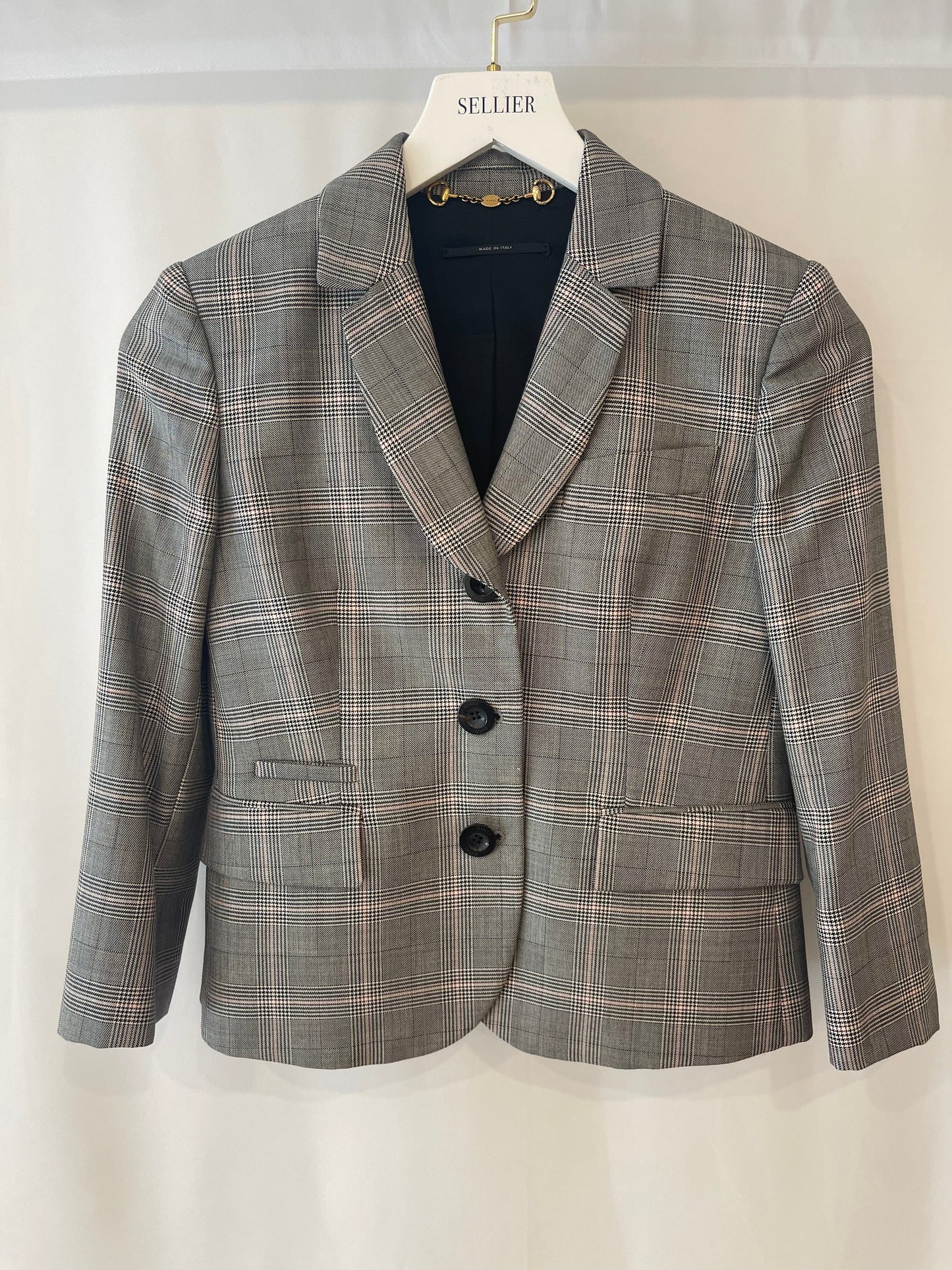 Gucci Grey Wool Checked Blazer Jacket with Logo Buttons Size IT 38 (UK 6)
