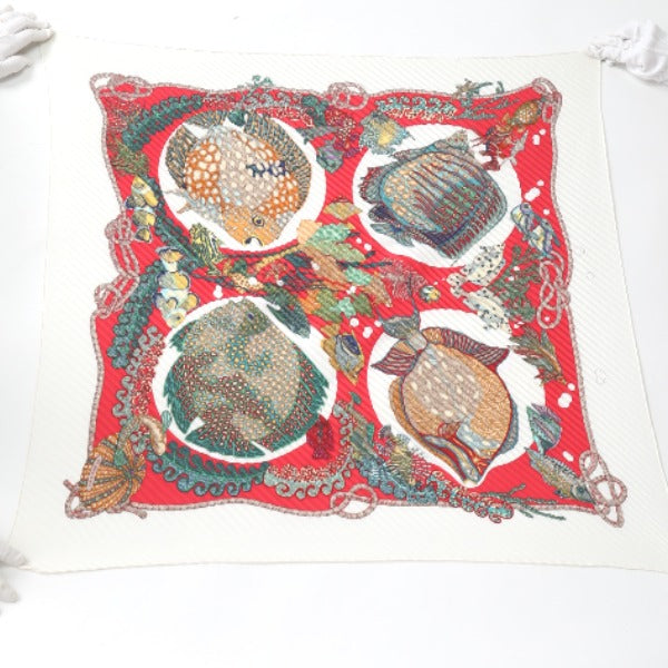 HERMES scarf silk Red x white Pleated scarf PleatedCarre Fish pattern Women Used