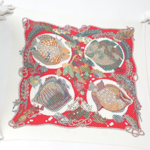 HERMES scarf silk Red x white Pleated scarf PleatedCarre Fish pattern Women Used