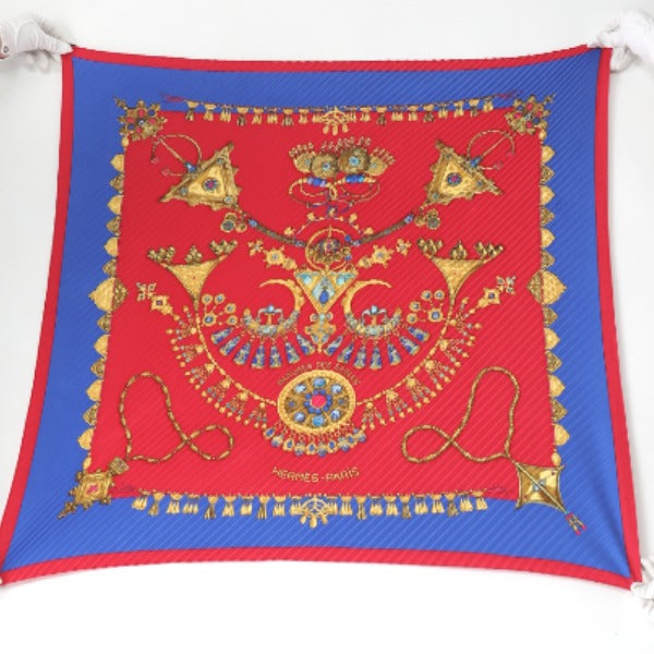 HERMES scarf silk Blue x red Pleated scarf PleatedCarre Jewelry pattern Women Used