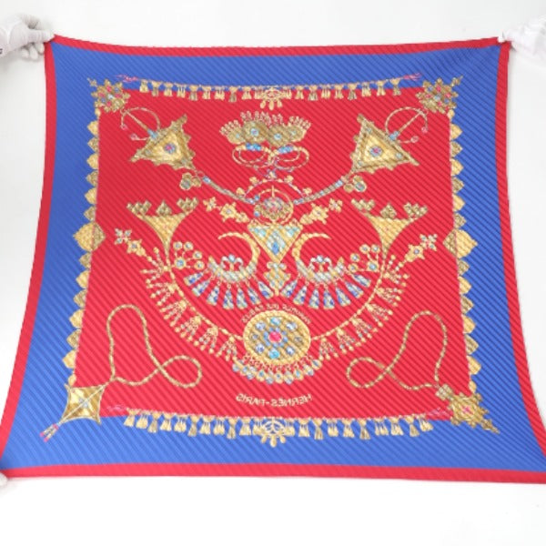 HERMES scarf silk Blue x red Pleated scarf PleatedCarre Jewelry pattern Women Used