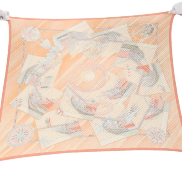 HERMES scarf silk Orange 100% silk PleatedCarre Women Used