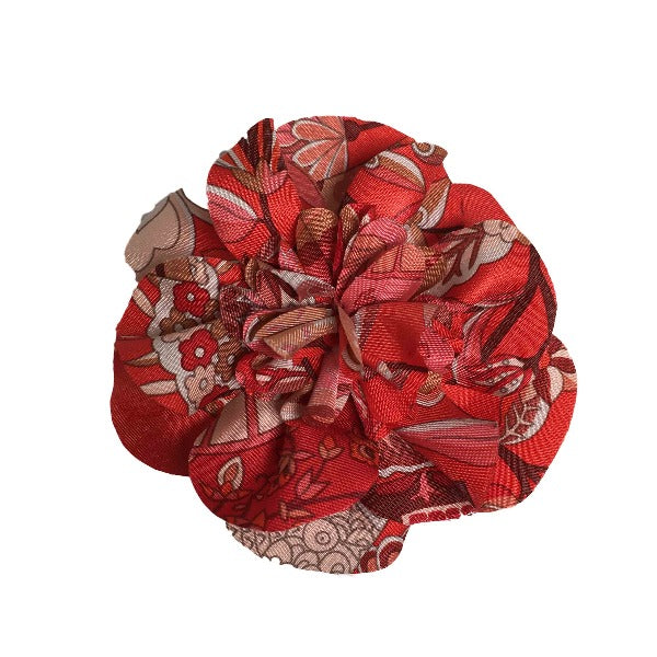 HERMES Brooch silk Red corsage flour Women Used